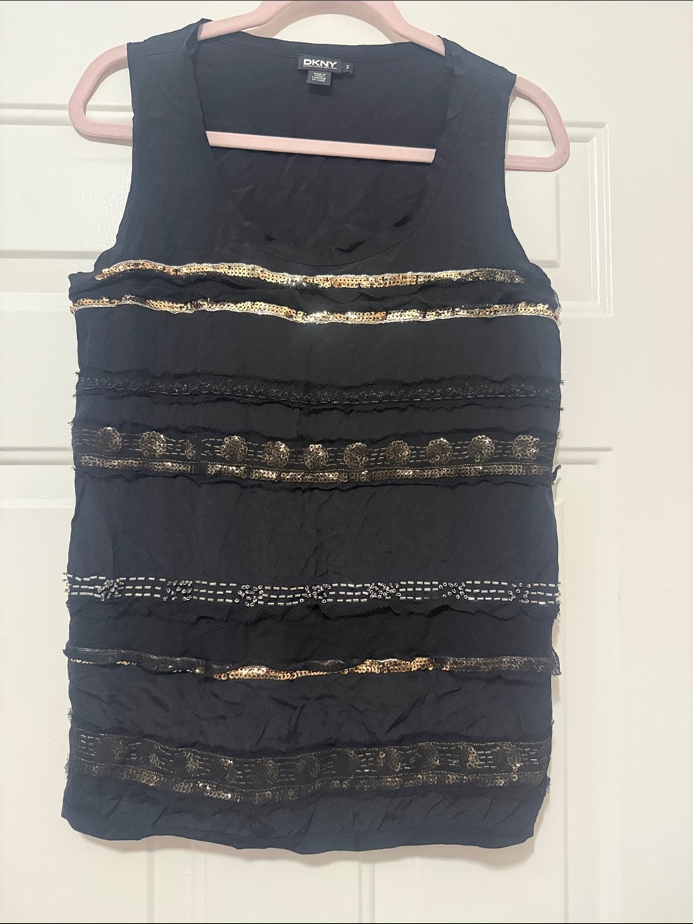 DKNY Black Sleeveless Tank with Gold Sequin Stripes